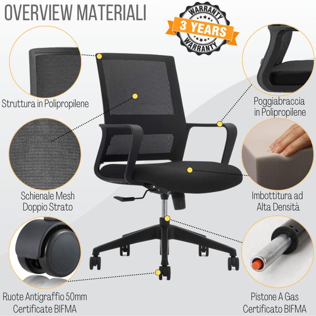 Leroymerlin Sedia Ufficio Ergonomica Supporto Lombare Regolabile e Traspirante - Nero Saldi Di Fabbrica