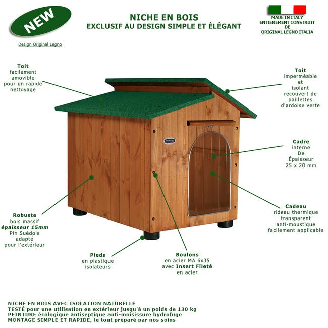 Leroymerlin Cuccia in Legno per Cani da Esterno Rinforzata con "TENDINA IN OMAGGIO" Mod. Alpi Taglia E – Alano 102x122xH108 Made in Italy Prezzo di fabbrica