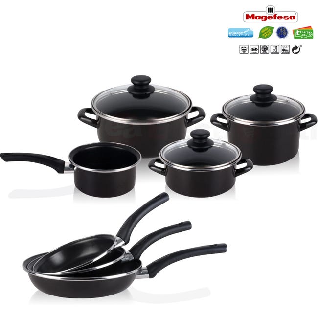 Leroymerlin Batteria da Cucina Induzione Set Pentole 7 Pezzi e 3 Padelle Coperchi in Vetro Magefesa Nero KENIA Fornitura limitata