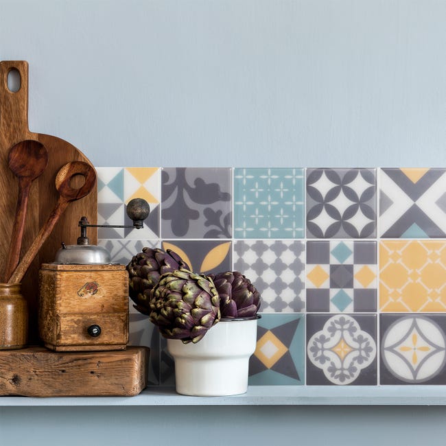 Leroymerlin Piastrella adesiva Vintage Cadiz SMART TILES grigio e giallo e verde acqua 23 x 23 cm spessore 1.8 mm confezione da 4 pezzi Super sconto