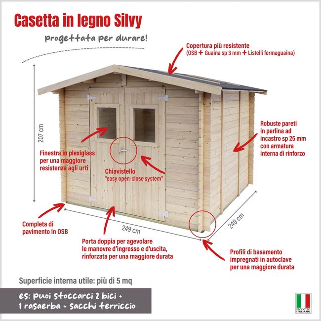 Leroymerlin Casetta da giardino in legno Silvy Bh25 249x249 cm Pefc Legno grezzo con porta doppio battente superficie totale 6.2 m² e spessore parete 25 mm Black Friday