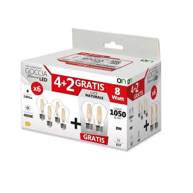 Leroymerlin Set da 6 lampadine Goccia Filament Led X6 LED filamento E27 goccia trasparente 8W= 360° Solo un giorno rimasto