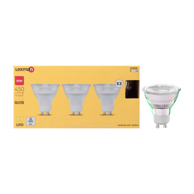 Leroymerlin Set da 3 lampadine LED GU10 faretto trasparente luce calda 3.9W= 450LM (equiv 50 W) 100° LEXMAN 50% di sconto con spedizione gratuita