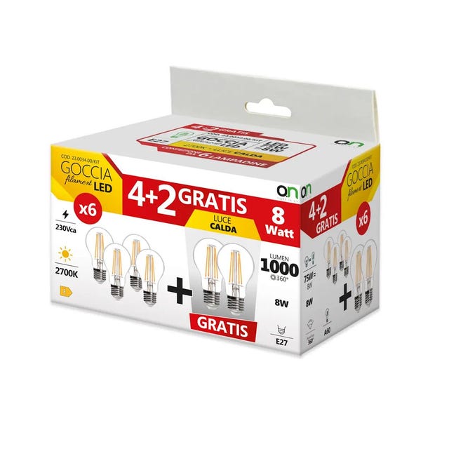 Leroymerlin Set da 6 lampadine Goccia Filament Led X6 LED filamento E27 goccia trasparente 8W= 360° Esporta salva