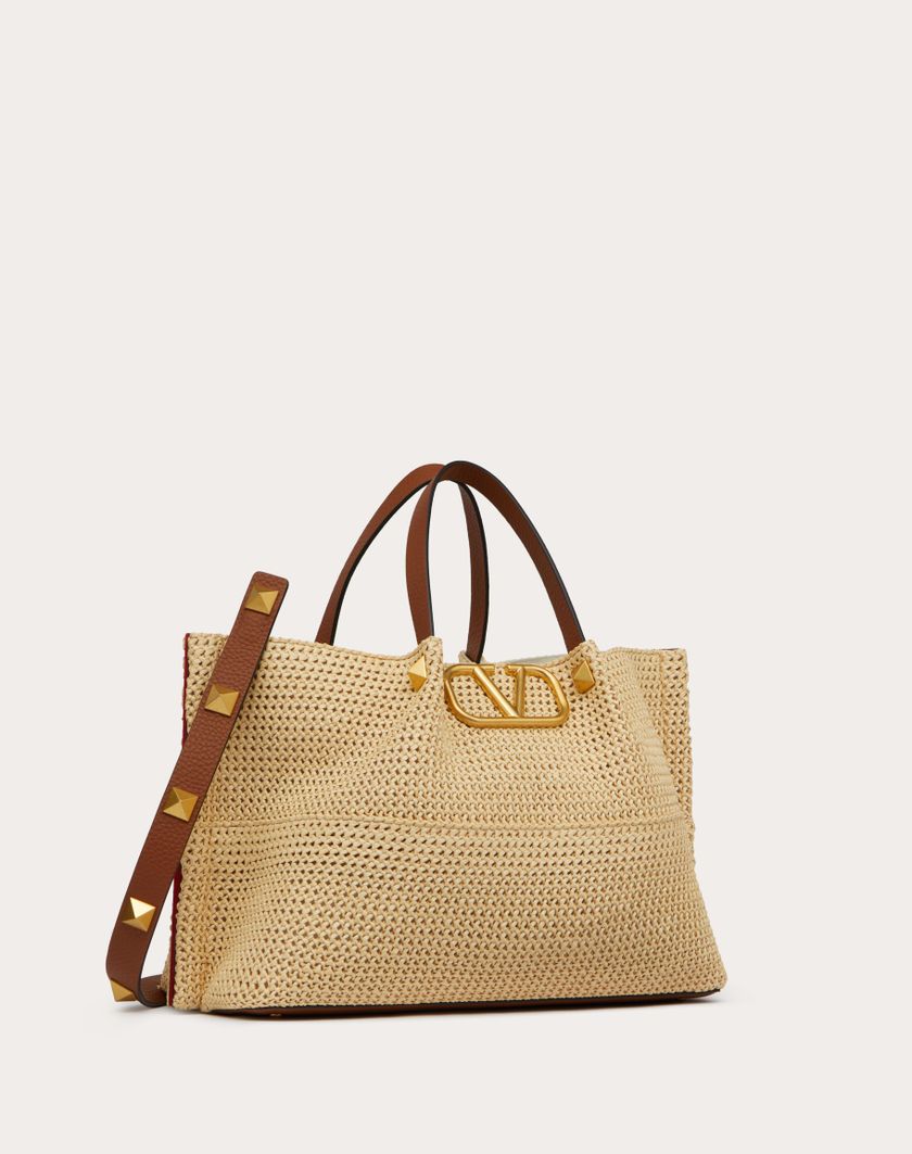 Valentino Handbags Borsa Shopping Media In Rafia Sintetica per Donna in Selleria/naturale/rouge Pur | Valentino IT Consegna Veloce