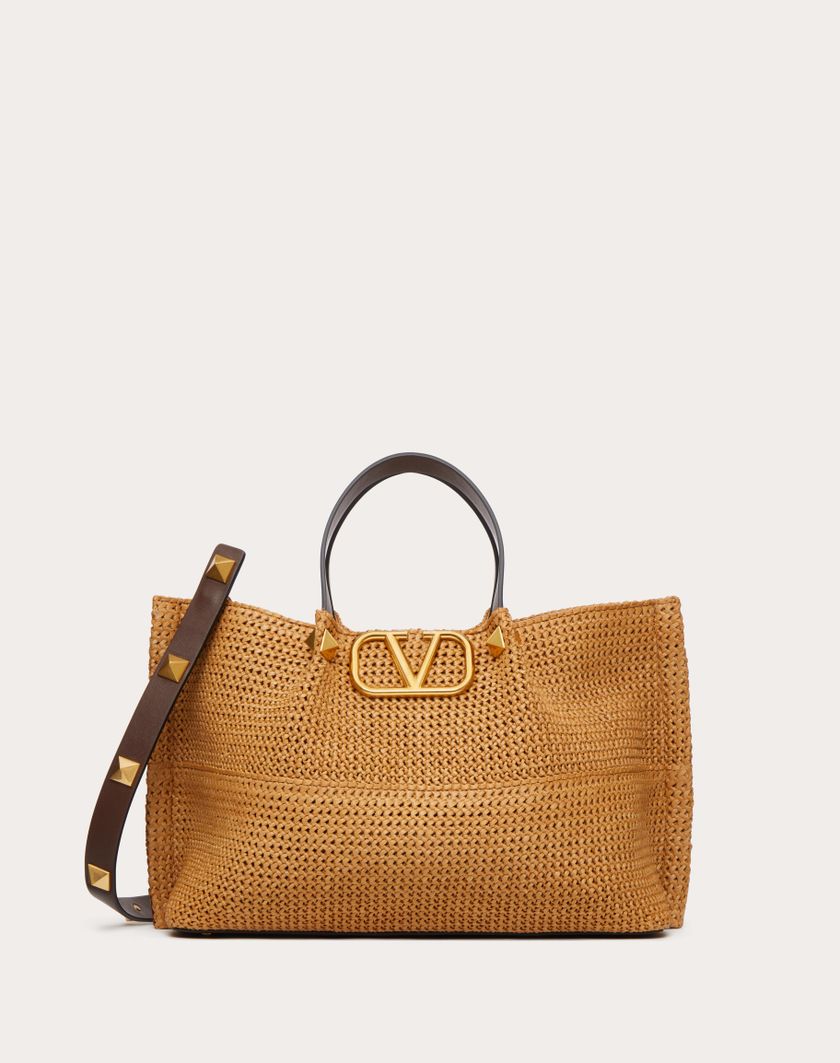 Valentino Handbags Borsa Shopping Media In Rafia Sintetica per Donna in Biscotto/cioccolato | Valentino IT