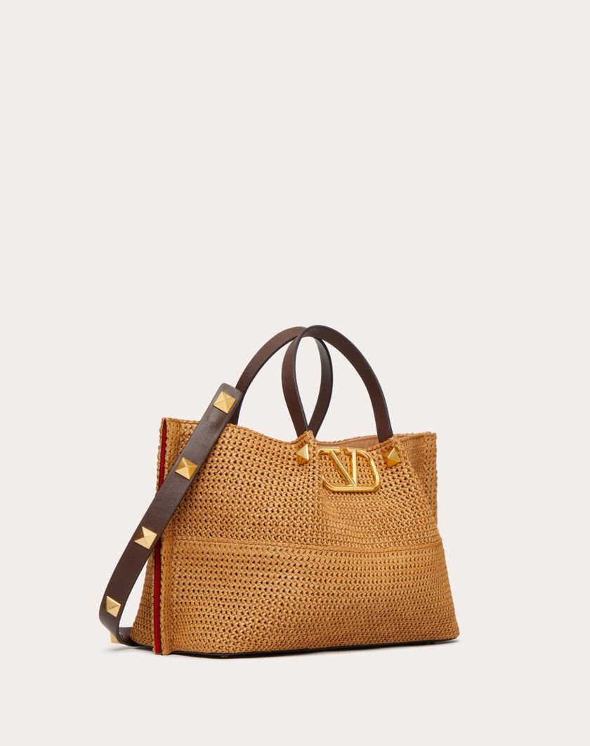 Valentino Handbags Borsa Shopping Media In Rafia Sintetica per Donna in Biscotto/cioccolato | Valentino IT Promozione Limitata