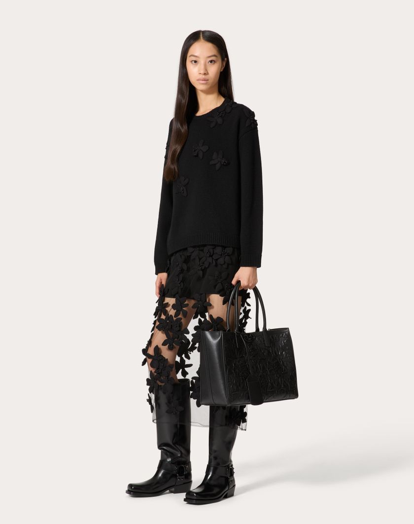 Valentino Handbags Borsa Shopping Media Vlogo Locker Tote In Pelle Con Rose Ricamate per Donna in Nero | Valentino IT Qualità