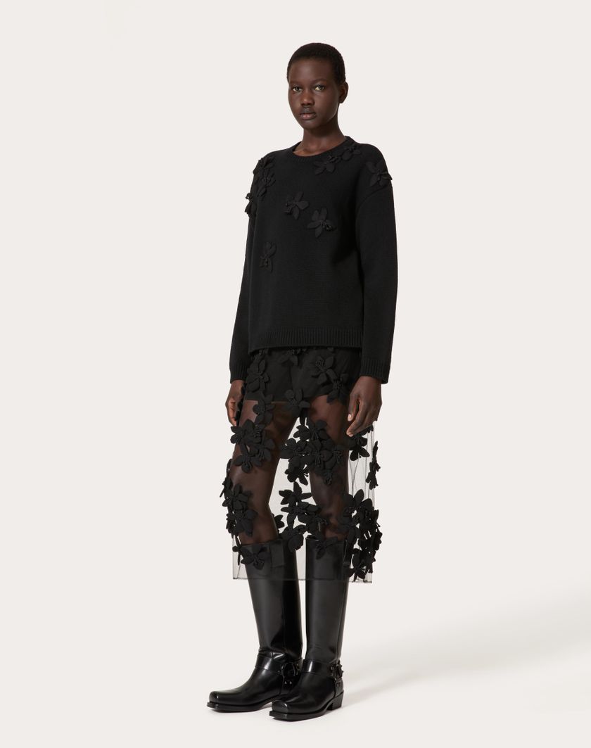 Valentino Handbags Gonna Midi In Tulle Illusione Ricamata per Donna in Nero | Valentino IT Negozio