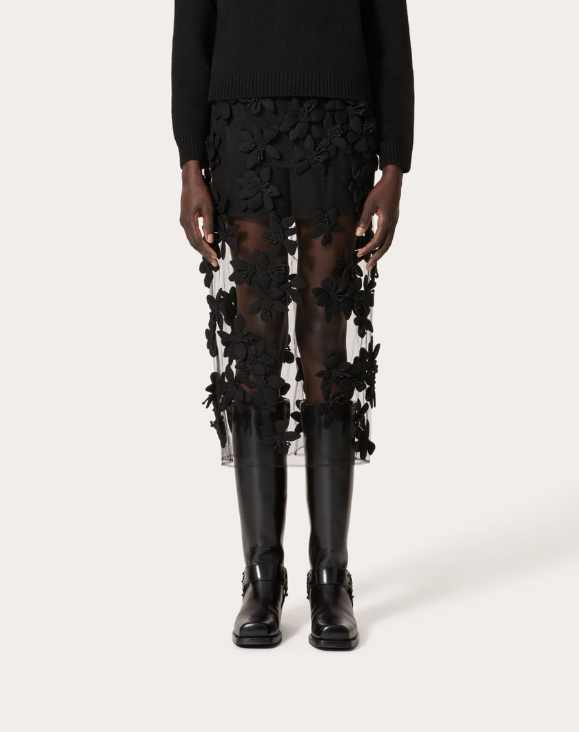 Valentino Handbags Gonna Midi In Tulle Illusione Ricamata per Donna in Nero | Valentino IT Negozio
