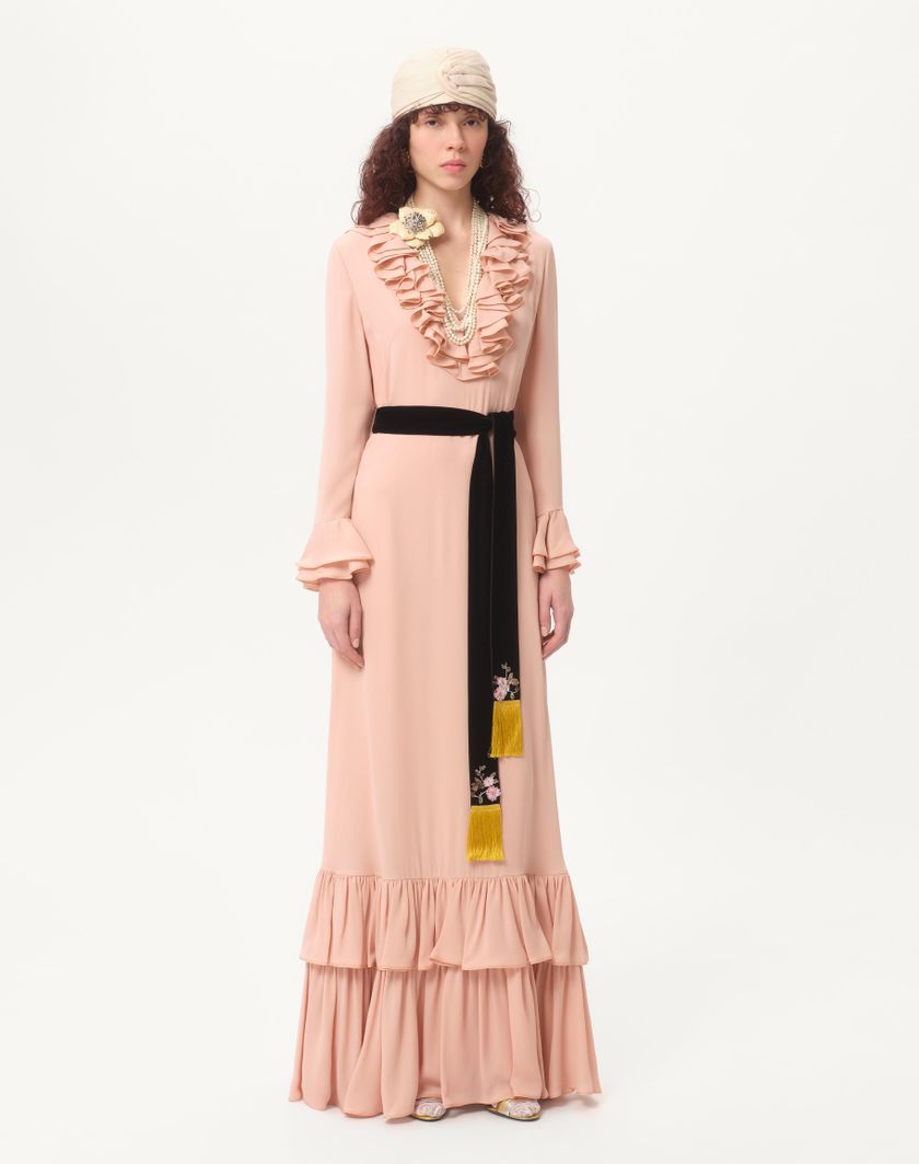 Valentino Handbags Abito Lungo In Georgette Ricamato per Donna in Rose Mist | Valentino IT Saldi