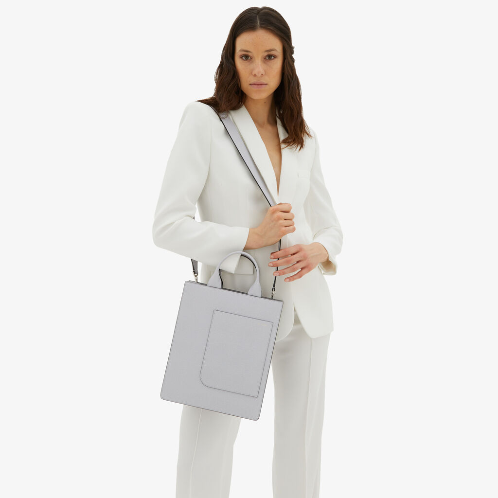 Valextra Borsa Mini in Pelle Grigia con tasca esterna | Valextra Boxy Shopping Online