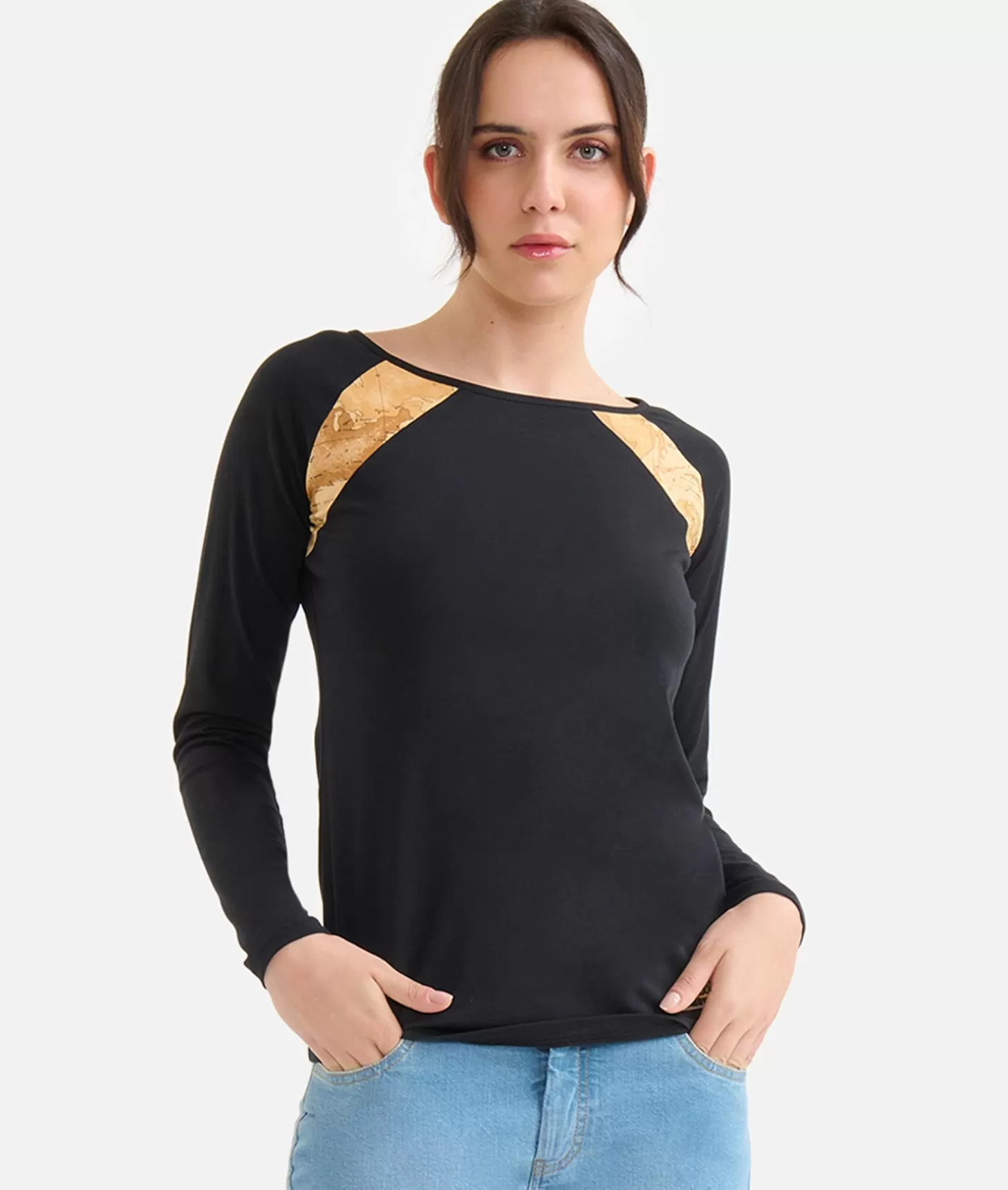 Alviero martini 1a classe T-shirt a maniche lunghe in jersey di cotone stretch con spicchi Geo Classic Nera Online