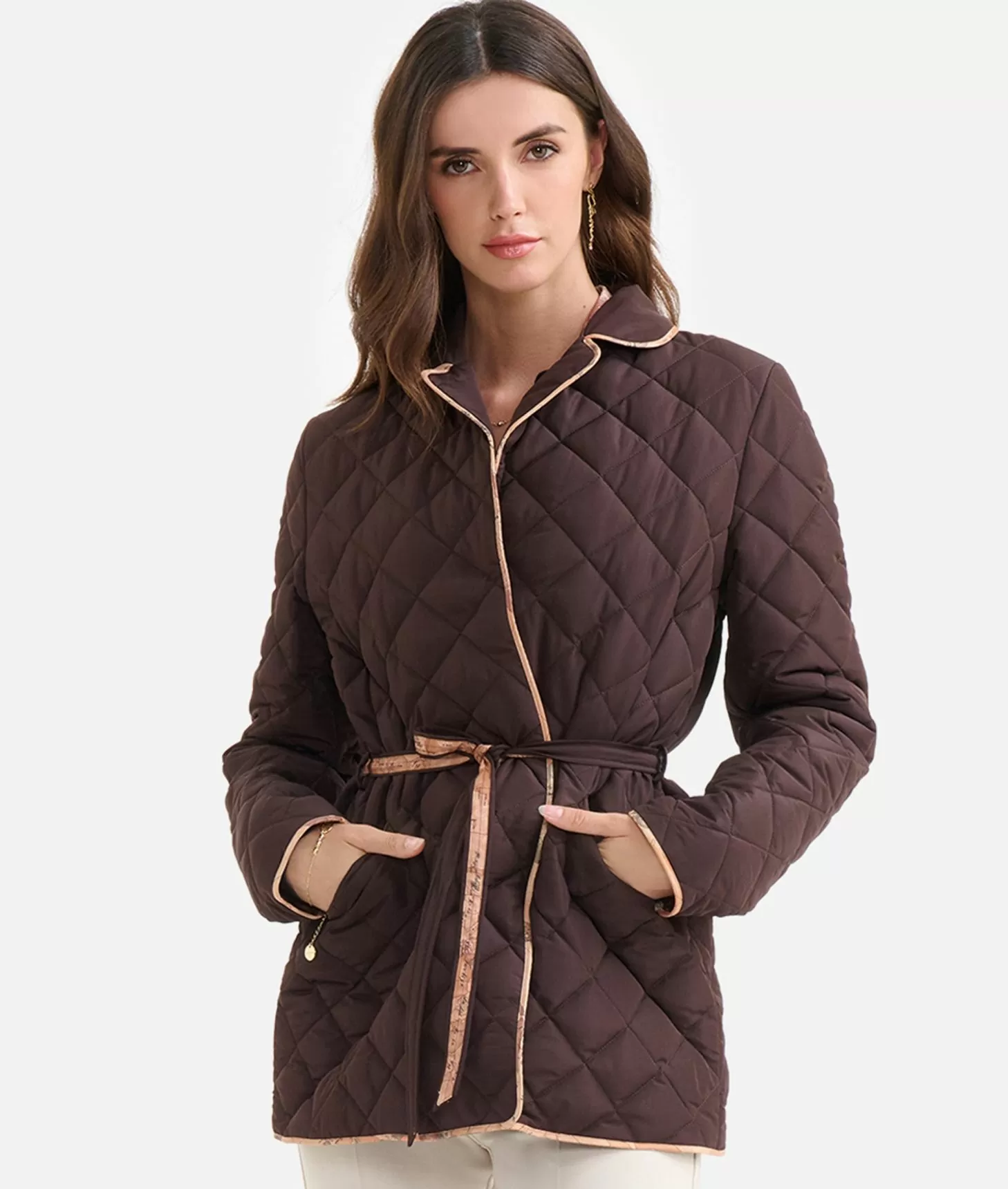 Alviero martini 1a classe Giacca imbottita con cintura in nylon Cioccolato Saldi Di Fabbrica